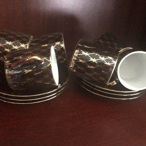 COSMOS JAPAN FINE PORCELAIN 6 DEMITASSE COFFEE CUPS & SAUCERS BLUE/GOLD